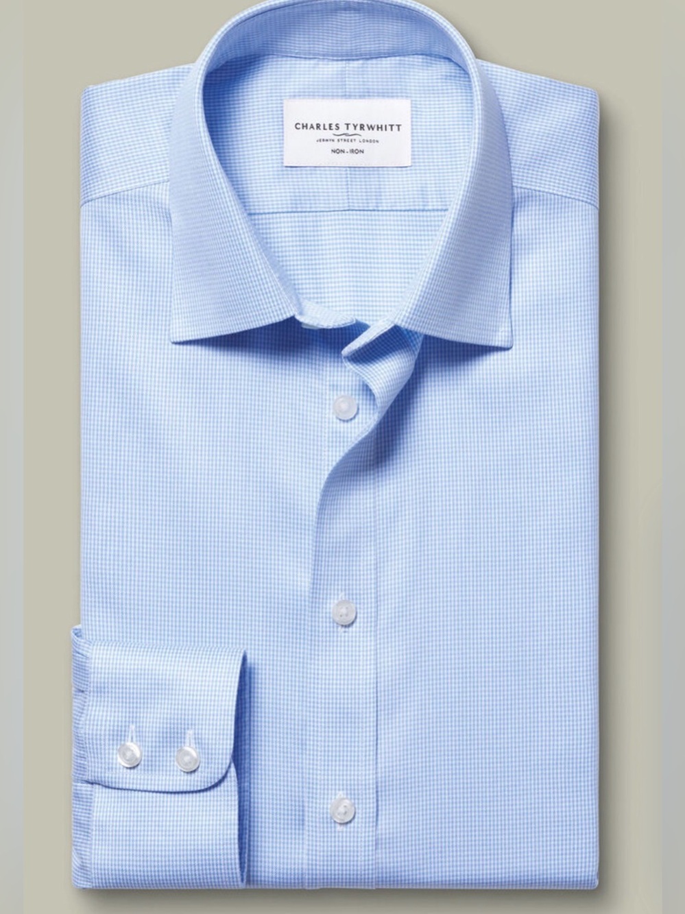 NWT Charles Tyrwhitt Slim Fit Non-Iron Twill Puppytooth Medium Sky Blue